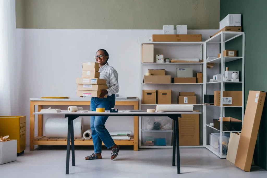 Organized shelves & boxes in a small business workspace for efficient storage in Orlando, FL